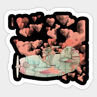 The old airplane pilot in the sky with heart clouds Sticker